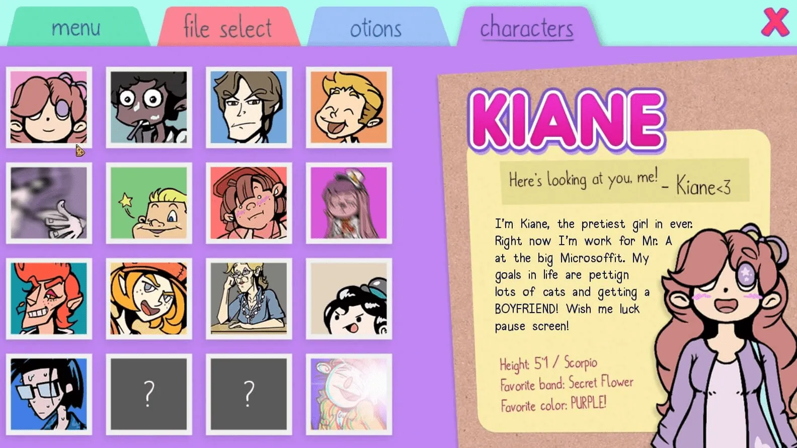 The colorful character bio menu has a grid of polaroids. Kiane's profile is selected and shown in detail.