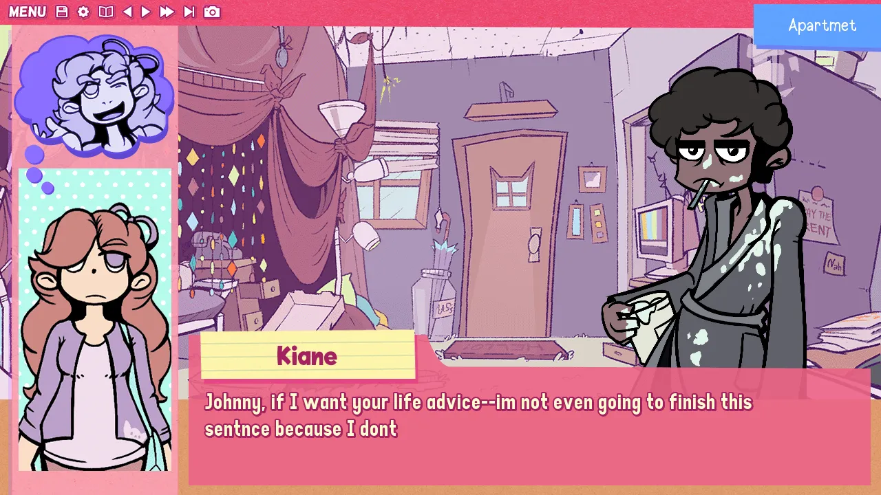 Kiane harangues her roommate Johnny with a bored expression.