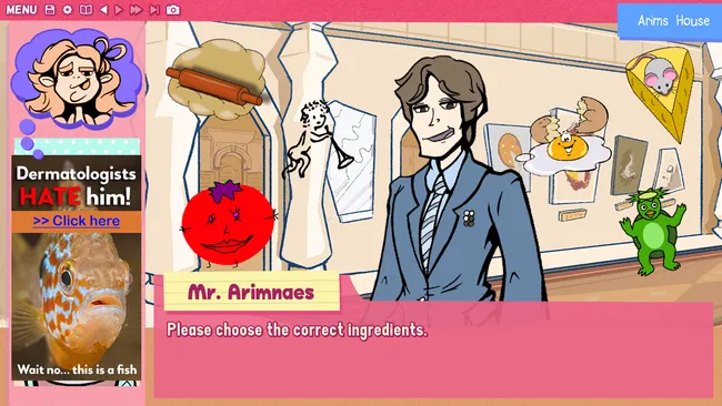 Mr. Arimnaes taunts Kiane with a selection of crappy pizza ingredients made from clipart.