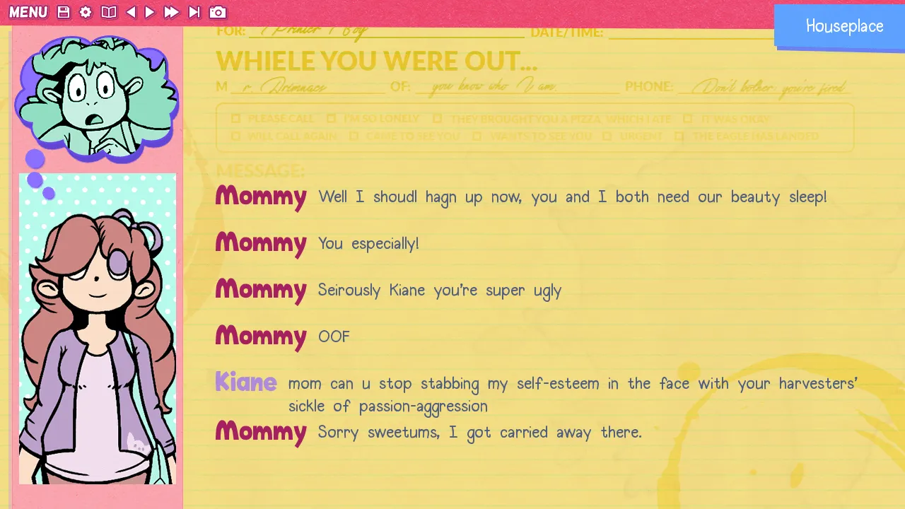 Kiane talks to her mom over the phone, depicted in a NVL-style display over a notepad background.