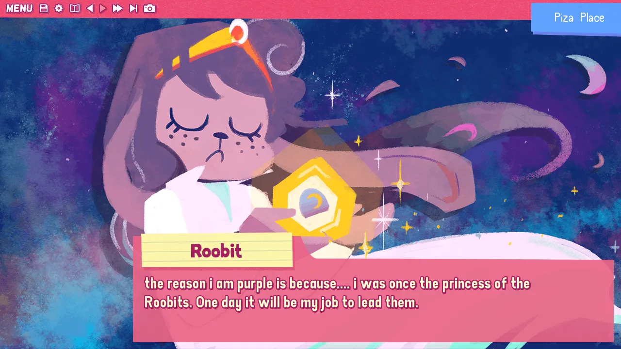 Roobit tells a tale of woe. The colorful CG shows her holding a snack in her hands while floating dramatically among the stars.